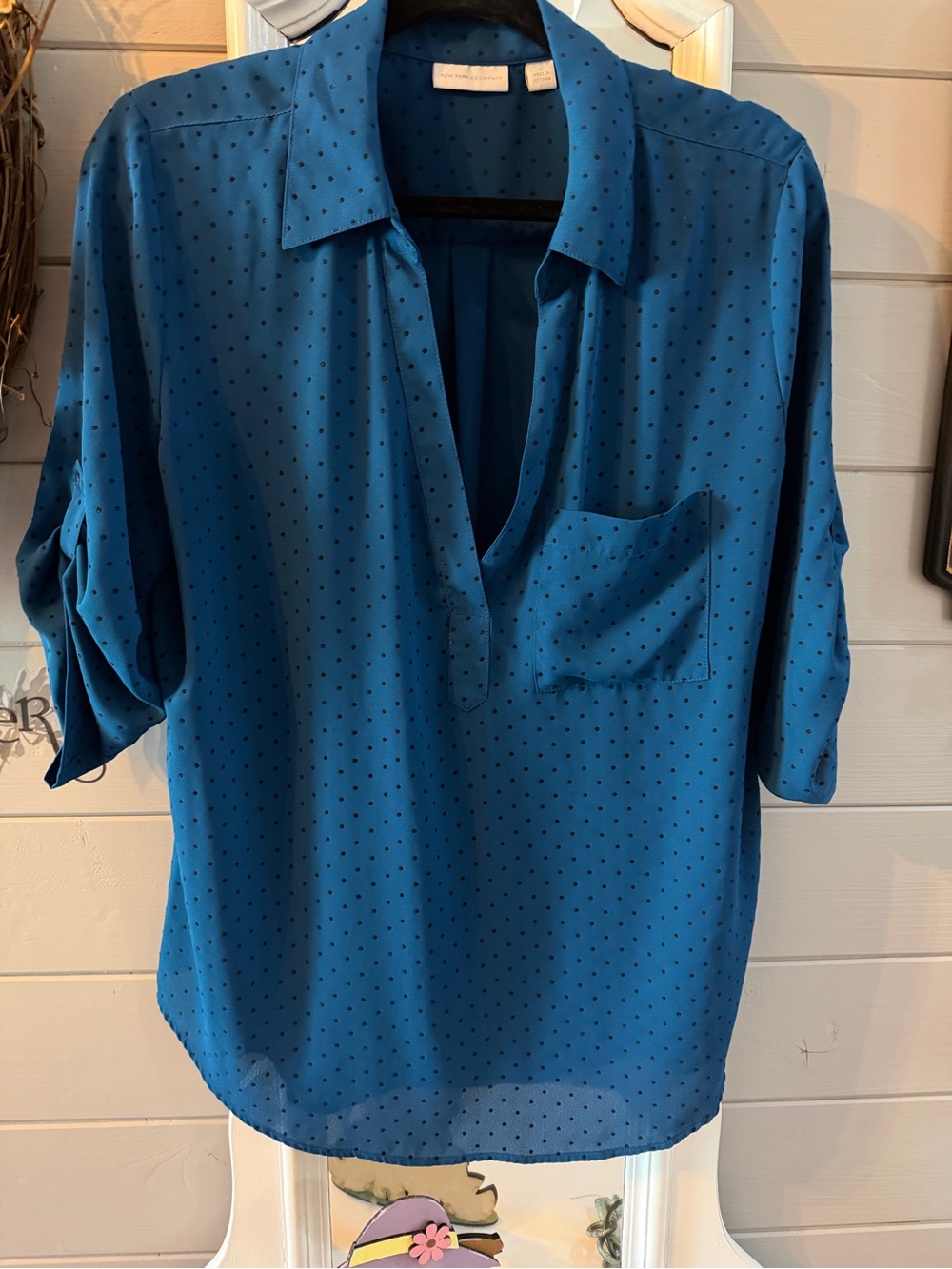 New York & Company Teal Blue Dot Split-Neck Blouse